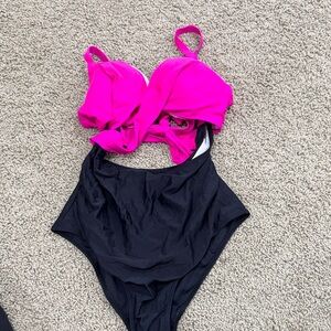 Pink and Black One-Piece Swimsuit